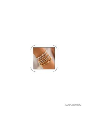 Mixed Metal Beaded Stretch Bracelet Set Gold Silver Two Tone Stackable Statement